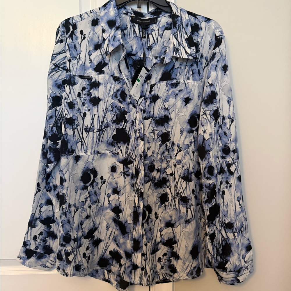 Narciso Rodriguez Blue and Black Floral Button-Front Blouse